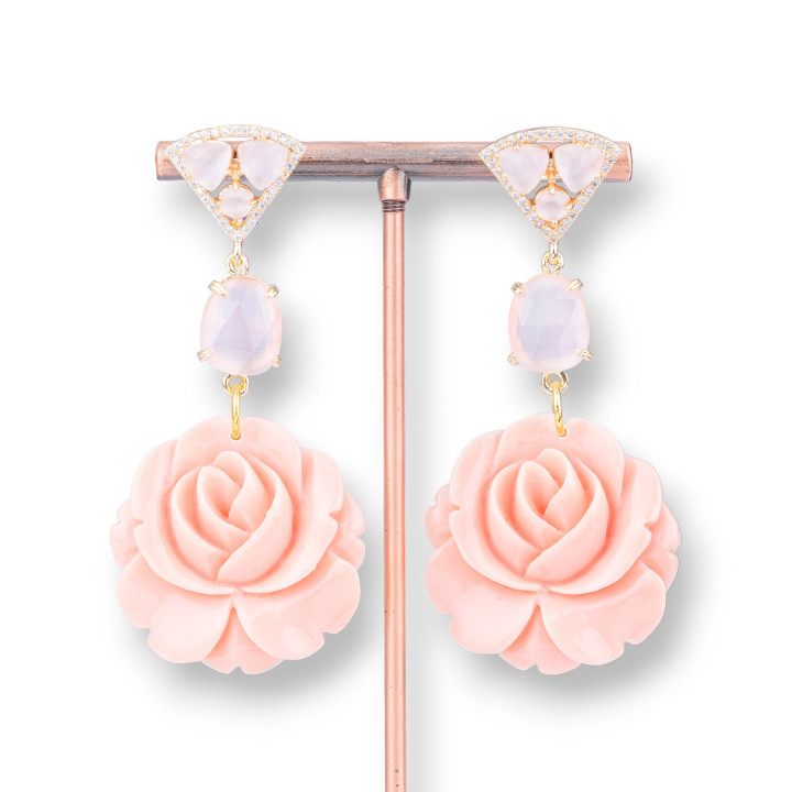 Orecchini Di Bronzo A Perno Con Occhi Di Gatto E Zirconi Con Fiori Di Resina 32x68mm Rosa