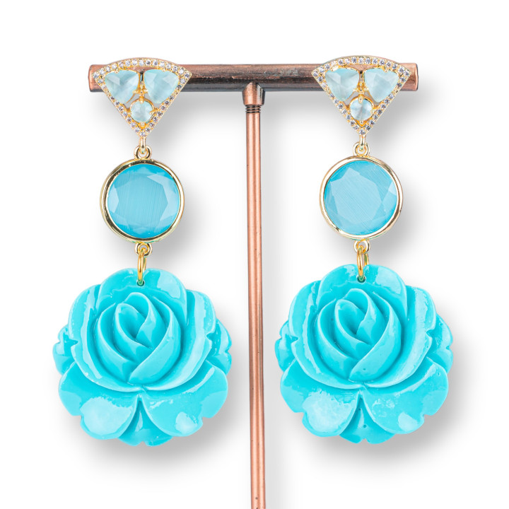 Pendientes Bolitas De Bronce Con Ojos De Gato Y Circonitas Con Flores De Resina 32x68mm Turquesa