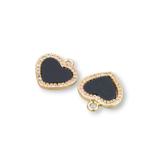 Connecteur Composant Bronze Avec Pierres Dures Et Zircons Coeur Plat 14mm 6pcs Onyx