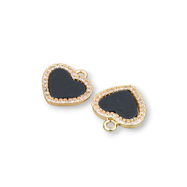 Conector Componente Bronce Con Piedras Duras Y Circonitas Corazón Plano 14mm 6pcs Onyx