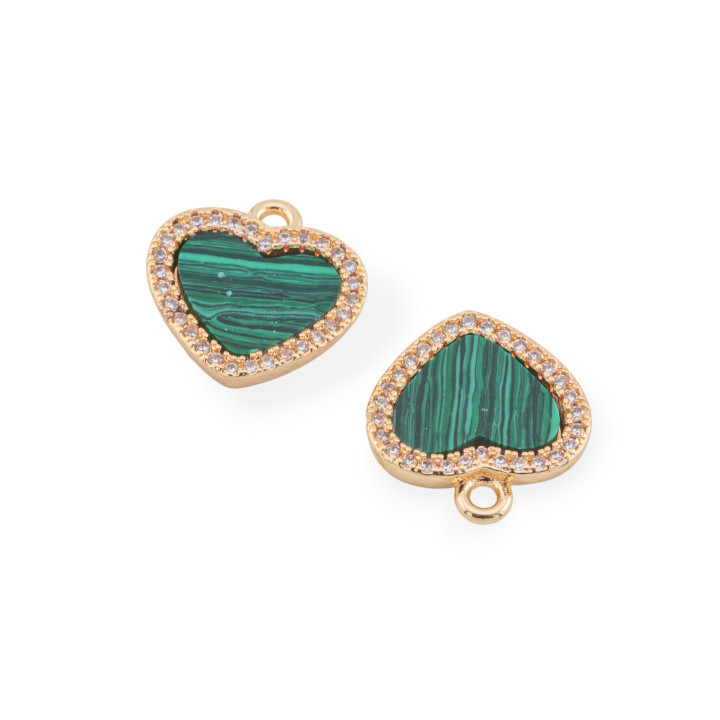 Bronze Component Connector with Semiprecious Stones and Zircons Flat Heart 14mm 6pcs Malachite Paste