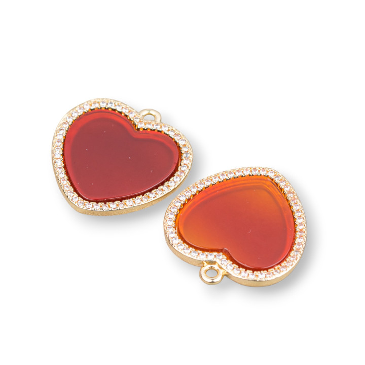 Connecteur Composant Bronze Avec Pierres Dures Et Zircons Coeur Plat 21x22mm 4pcs Cornaline