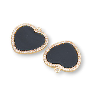 Bronze Component Connector With Semi-precious Stones and Zircons Flat Heart 21x22mm 4pcs Onyx