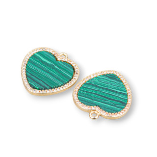 Bronze Component Connector with Semiprecious Stones and Zircons Flat Heart 21x22mm 4pcs Malachite Paste