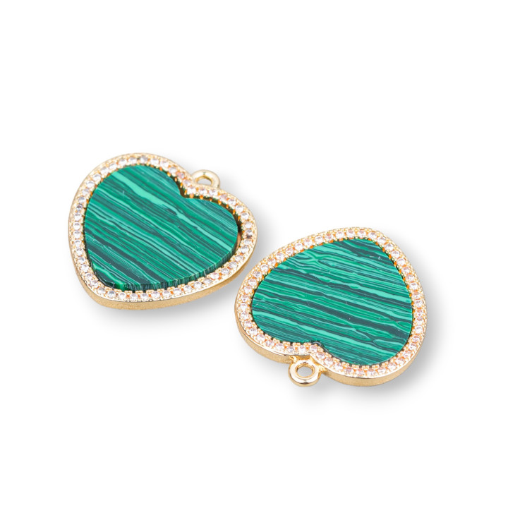 Connecteur Composant Bronze Avec Pierres Dures Et Zircons Coeur Plat 21x22mm 4pcs Pâte De Malachite