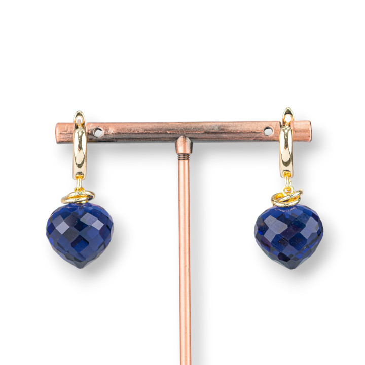 Aretes de bronce con gota de cristal cabujón 17x34 mm azul zafiro