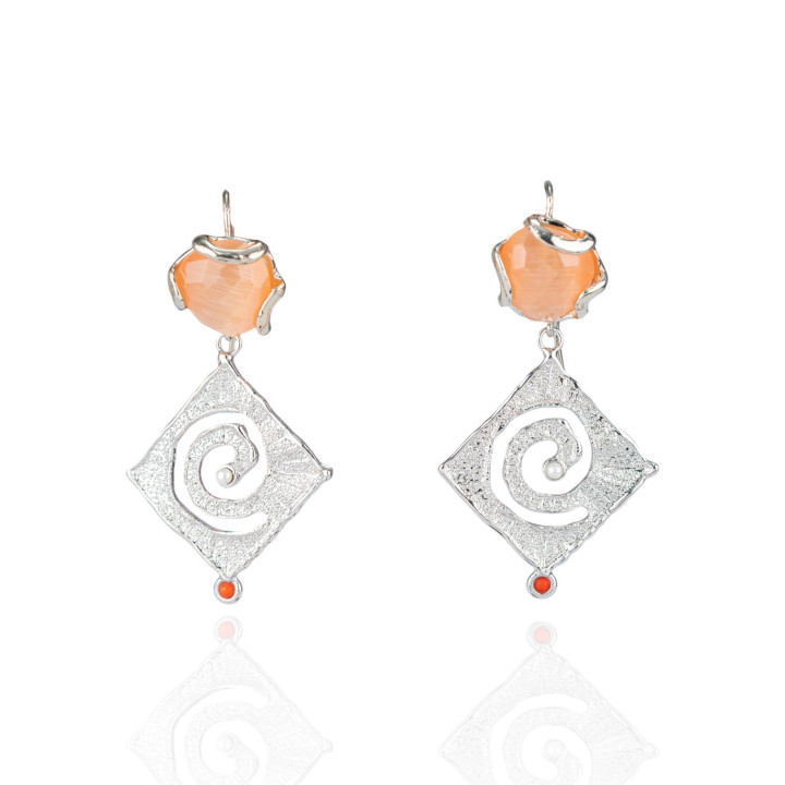Boucles D'oreilles Crochet Bronze Oeil De Chat Et Pendentif Zamak 30x60mm Losange Orange