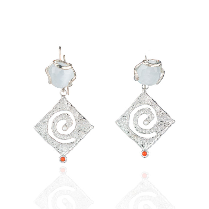 Boucles D'oreilles Crochet Bronze Oeil De Chat Et Pendentif Zamak 30x60mm Losange Blanc