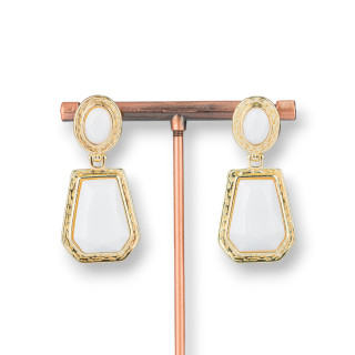 Bronze Stud Earrings with Cat's Eye Pendants 20x42mm Golden White Agate