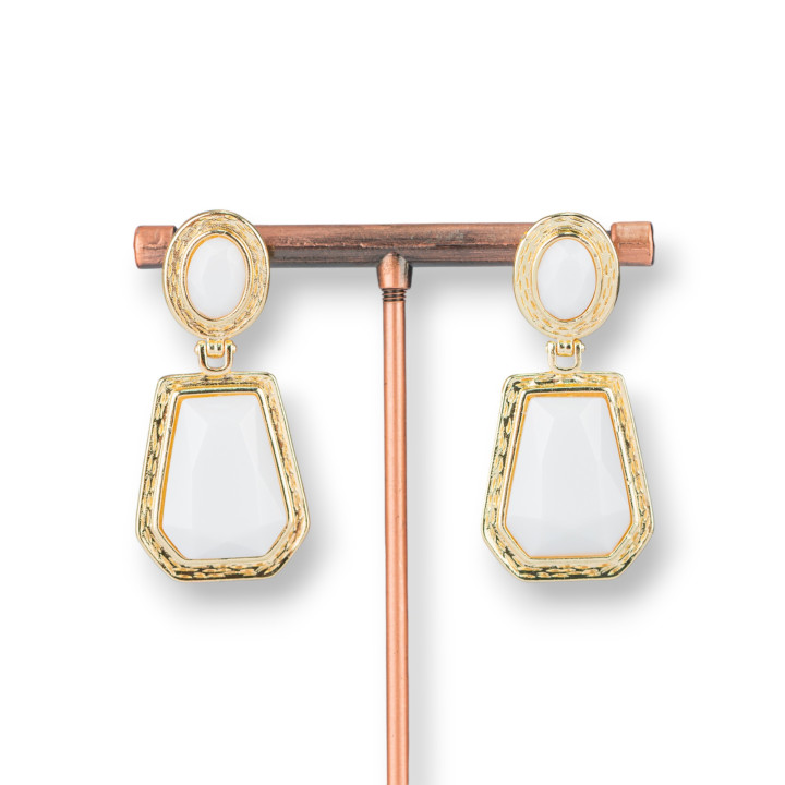 Boucles d'Oreilles Tiges Bronze Pampilles Oeil de Chat 20x42mm Doré Agate Blanche