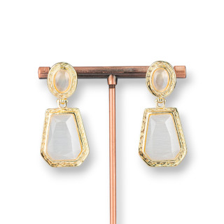 Boucles D'oreilles Tiges Bronze Avec Pendentifs Oeil De Chat 20x42mm Blanc Doré