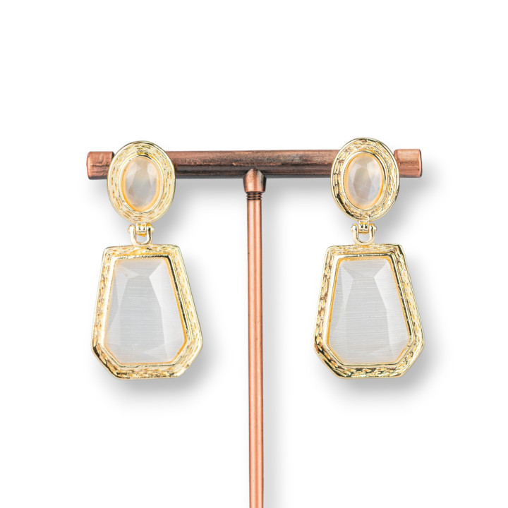 Bronze Stud Earrings With Cat's Eye Pendants 20x42mm White Golden