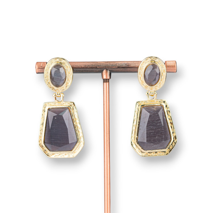Boucles D'oreilles Tiges Bronze Avec Pampilles Oeil De Chat 20x42 mm Violet Doré