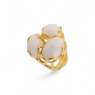 Bague Bronze Oeil de Chat 25x27mm Taille Ajustable Doré Agate Blanche