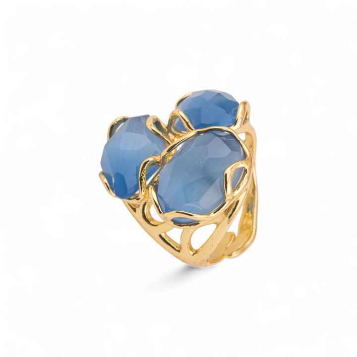 Bronze Ring With Cat's Eye 25x27mm Adjustable Size Golden Blue