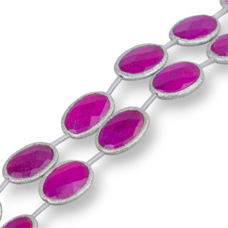 Cuentas De Alambre De Jade Fucsia Oval Plano Facetado Con Purpurina 25x34mm 6pcs Plata