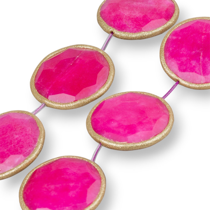 Perles Rondes Plates en Fil de Jade Fuchsia avec Paillettes 45mm Doré 6pcs