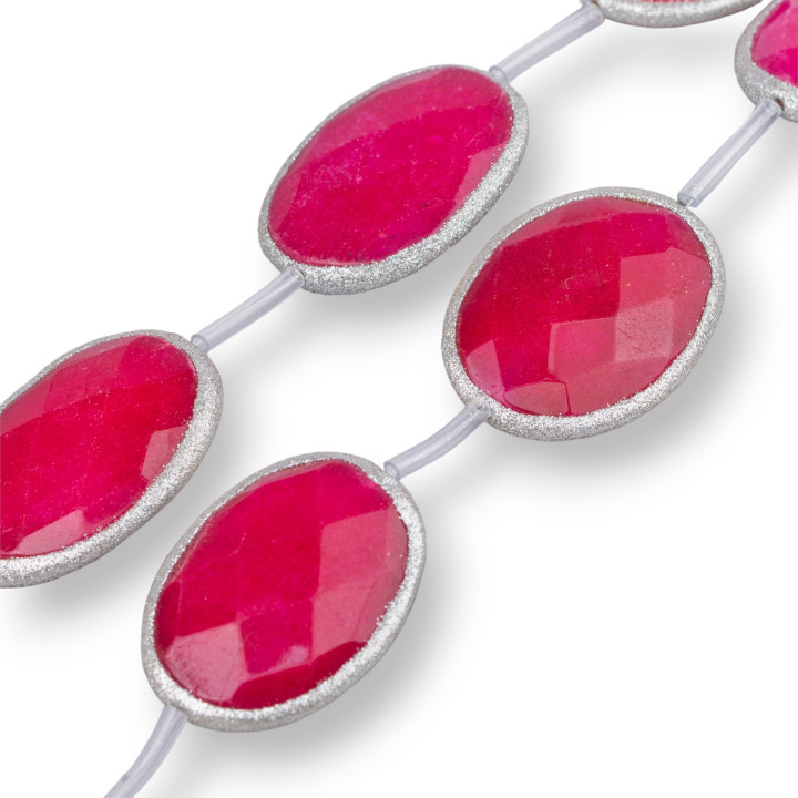 Ruby Jade Strand Beads Flat Oval Faceted with Glitter 34x44mm 5pcs Silver