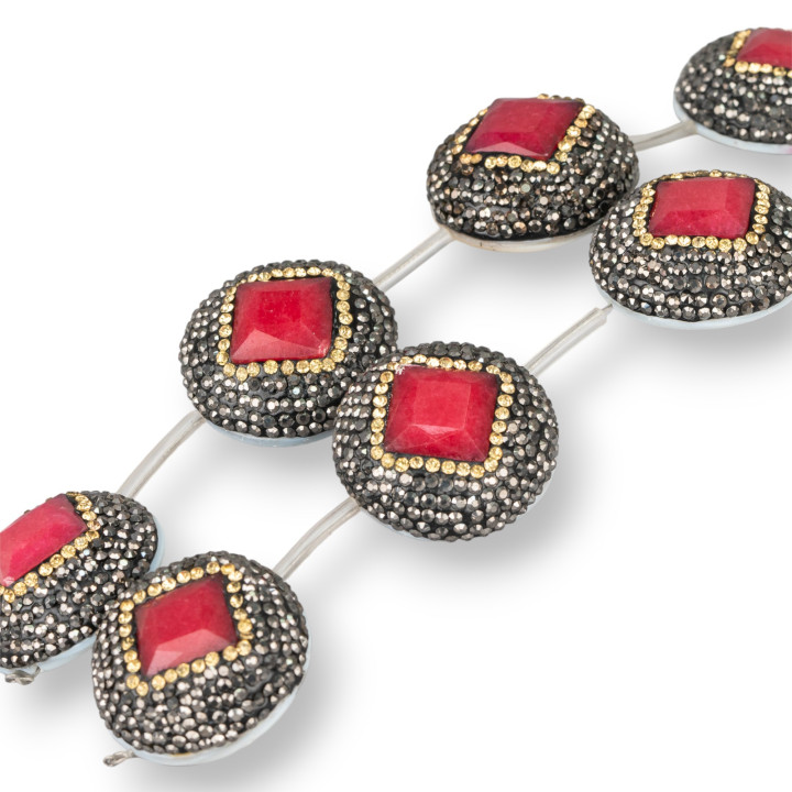 Perline a Filo Di Marcasite Strass Con Giada Rubellite Con Madreperla 30mm 5pz