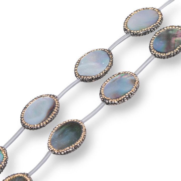 Perline a Filo Di Marcasite Strass Con Madreperla Nera Ovale Piatto 19x25mm 9pz