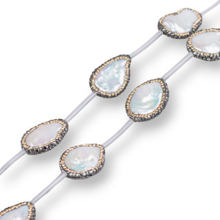 Perline a Filo Di Marcasite Strass Con Perle Di Fiume Piatte Barocche 16x20mm 9pz