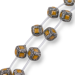 Perline a Filo Di Marcasite Strass Cubo Con Pietre 16mm 10pz Nero Giallo Senape