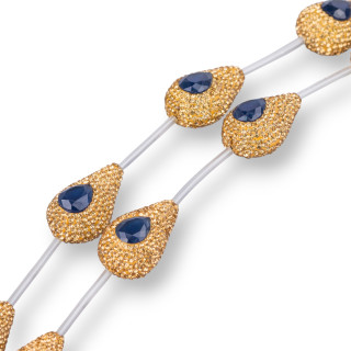 Marcasita Strass Strass Beads Gotas 20x28mm 7pcs Dorado + Zafiro Azul