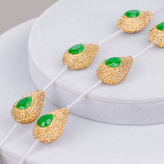 Marcasite Rhinestone Strand Beads Drops 20x28mm 7pcs Golden + Emerald Green