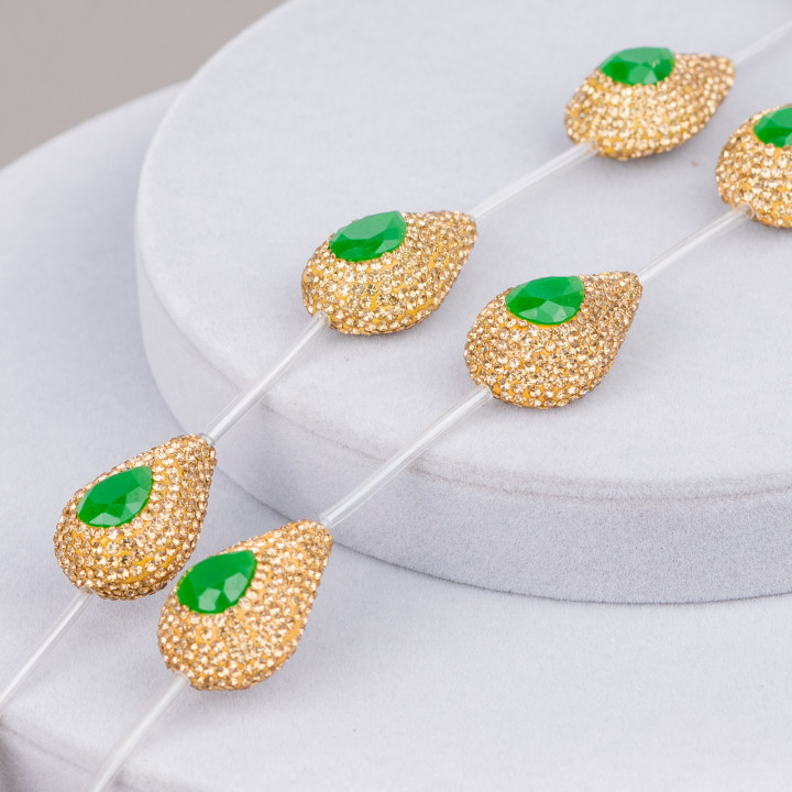 Abalorios De Strass Marcasita Gotas De Strass 20x28mm 7uds Dorado + Verde Esmeralda