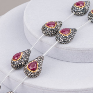 Marcasite Strass Strass Beads Drops 20x28mm 7pcs Black + Ruby Red and Golden