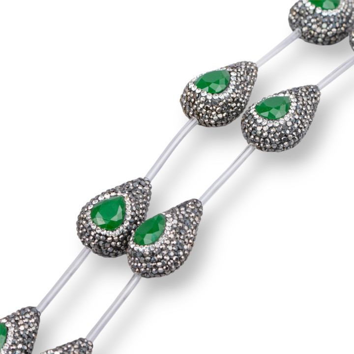 Perline a Filo Di Marcasite Strass Gocce 20x28mm 7pz Nero + Verde Smeraldo e Bianco