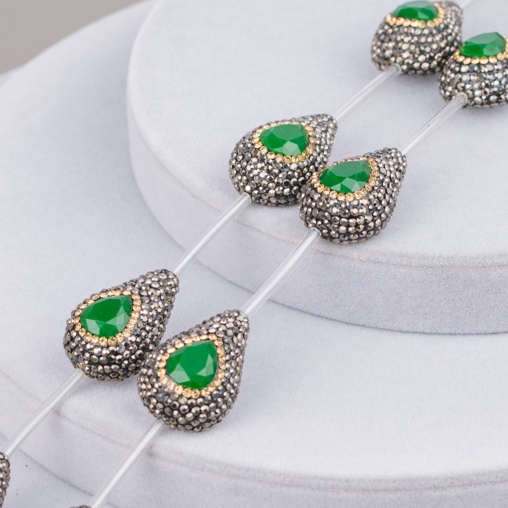 Marcasite Strass Strass Beads Drops 20x28mm 7τμχ Μαύρο + Σμαραγδένιο Πράσινο και Χρυσό