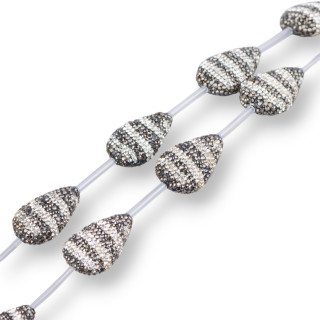 Marcasite Rhinestone Strand Beads Flat Drops 19x28mm 8pcs Black+White