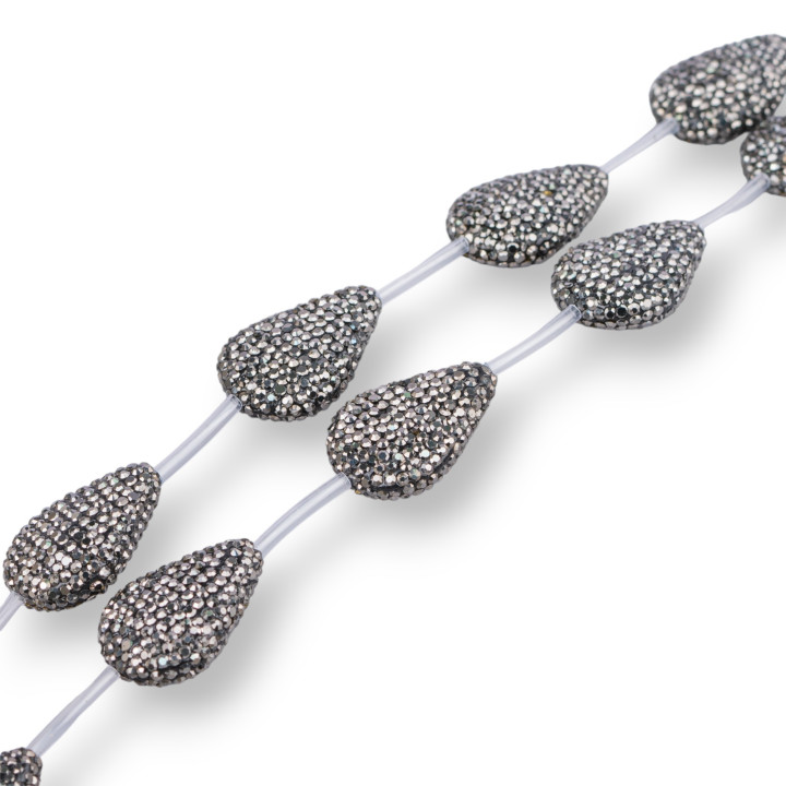 Marcasite Strand Rhinestone Beads Flat Drops 26x38mm 6τμχ Μαύρο