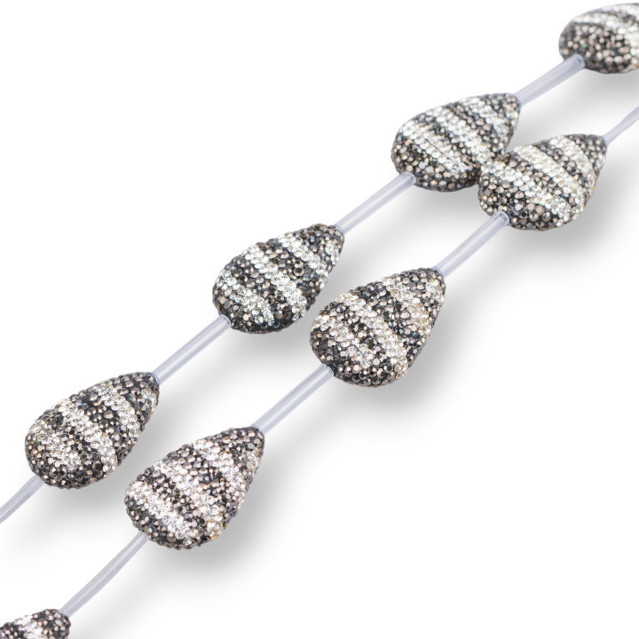 Marcasite Rhinestone Strand Beads Flat Drops 26x38mm 6pcs Black+White