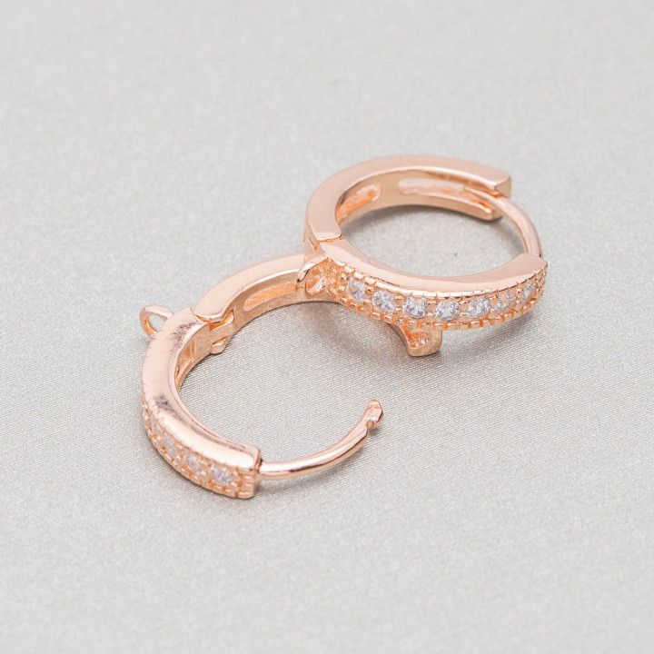 Base Per Orecchini Di Argento 925 Cerchio A Perno Con Zirconi 2,5x14mm 3 Paia Oro Rosa