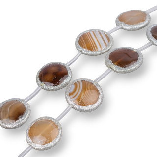Brown Striped Agate Strand Flat Round Beads with Glitter 26mm 8pcs Silver
