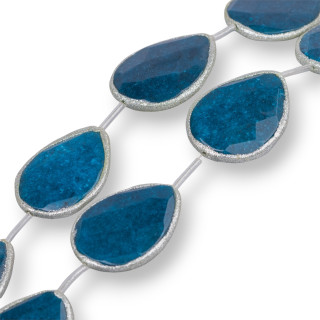 Teal Blue Jade Strand Beads Faceted Flat Drop with Glitter 33x43mm Ασημί