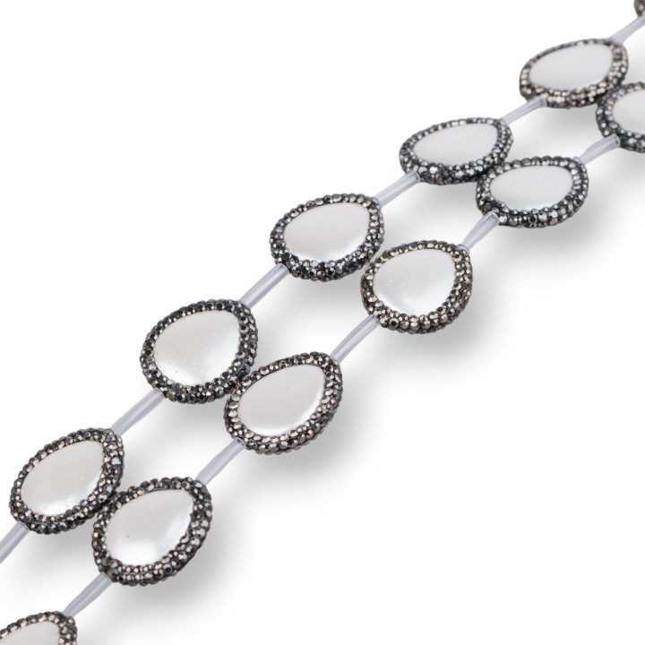 Marcasite Strand Beads Rhinestones Majorca Pearls Flat Drops 19x22mm White 11pcs Black Edge