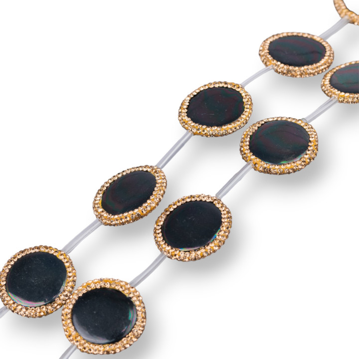 Perline a Filo Di Marcasite Strass Perle Di Maiorca Tondo Piatto 25mm 9pz Grigio + Oro