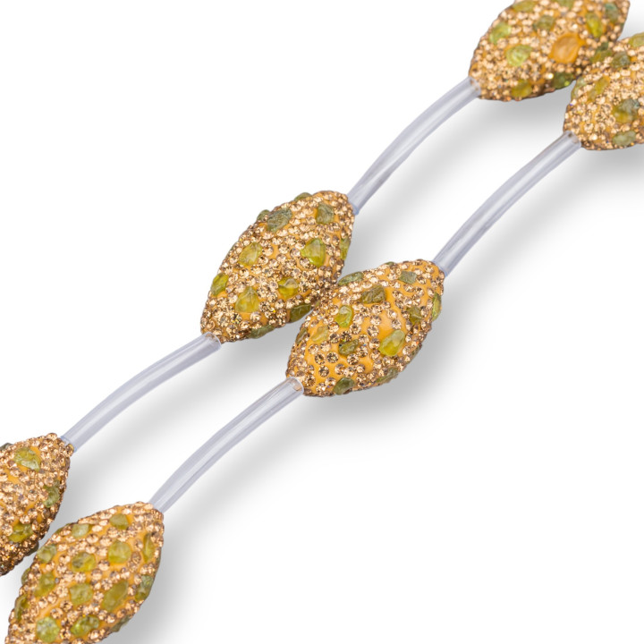 Marcasite Strand Beads Rhinestones Rice With Semi-precious Stones 16x32mm 6pcs Olivine