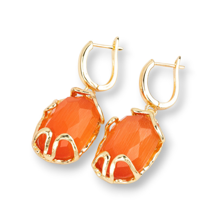 Bronze Closed Stud Earrings With Cat's Eye 15x40mm Orange