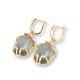 Μπρούτζινα κλειστά καρφωτά σκουλαρίκια με γατίσιο μάτι 15x40mm Γκρι