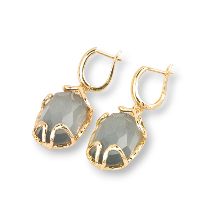 Bronze Closed Stud Earrings With Cat's Eye 15x40mm Grey