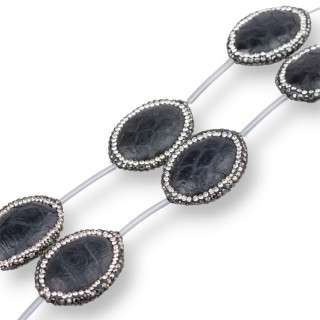 String Beads Component of SnakeSkin with Marcasite Rhinestones Oval 23x29mm 6pcs Black