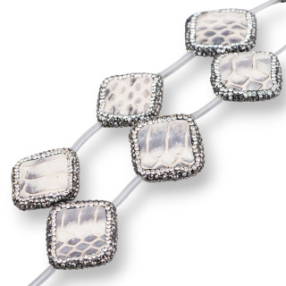 SnakeSkin Component Strand Beads With Marcasite Rhinestones Rhombus 26mm 6pcs Cream