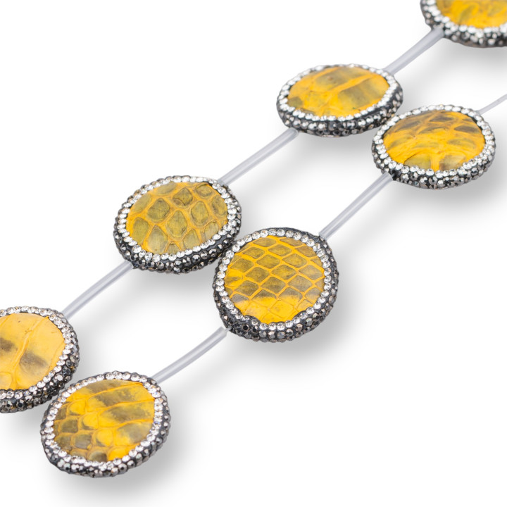 Perline A Filo Componente Di SnakeSkin Con Marcasite Strass Tondo Liscio 25mm 6pz Giallo