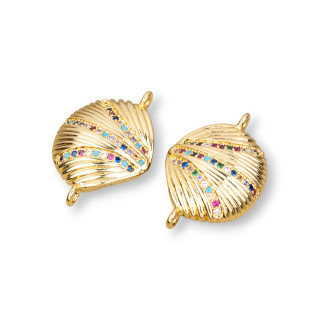 Bronze Component Connector With Multicolor Zircons Pavé Shell With 2 Rings 14x22mm 6τμχ