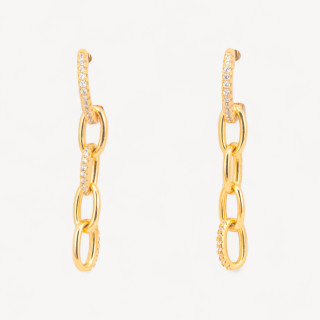 Closed Stud Earrings Of 925 Silver With Micropave Zircons, Hoop And Oval Chain 5.5x40mm 1 Pair Golden