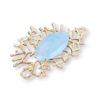 Connecteur de composants en bronze style branches de corail avec cabochon 40x53mm 2pcs bleu clair